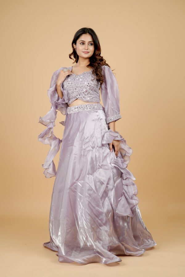 Lilac Ruffle Lehenga Set with Mirror Work Blouse - Image 3