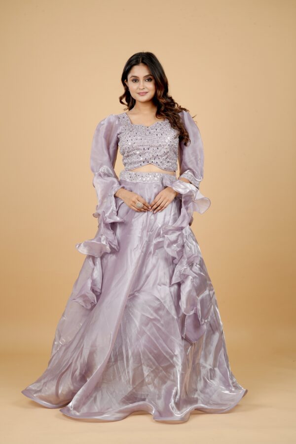 Lilac Ruffle Lehenga Set with Mirror Work Blouse - Image 4