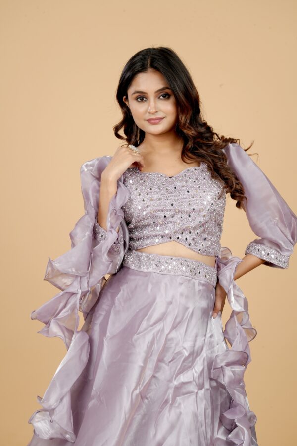 Lilac Ruffle Lehenga Set with Mirror Work Blouse - Image 5