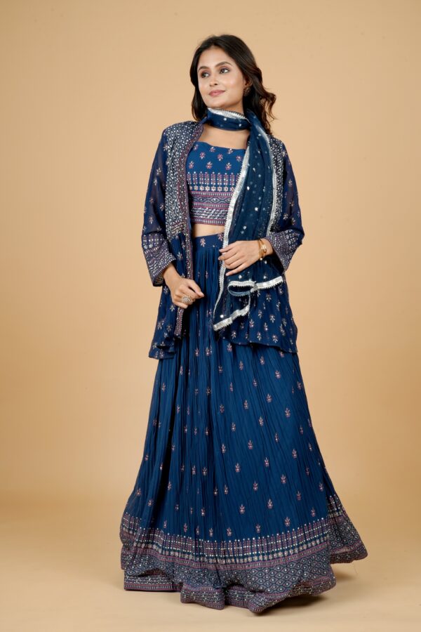 Navy Blue Embroidered Lehenga Set with Jacket & Dupatta - Image 2