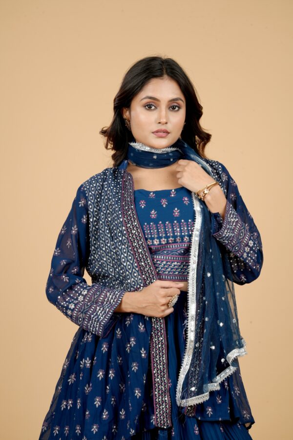 Navy Blue Embroidered Lehenga Set with Jacket & Dupatta - Image 3