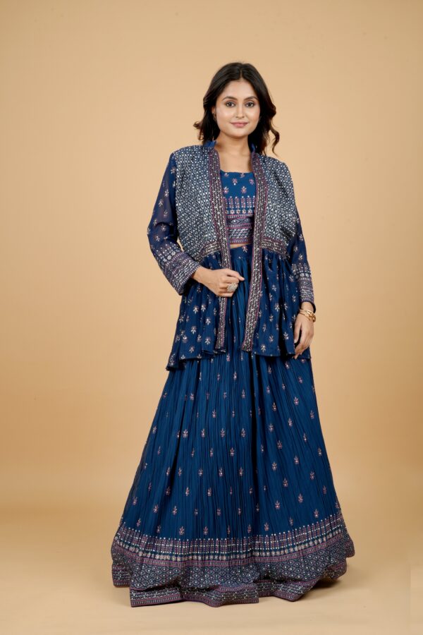 Navy Blue Embroidered Lehenga Set with Jacket & Dupatta - Image 4