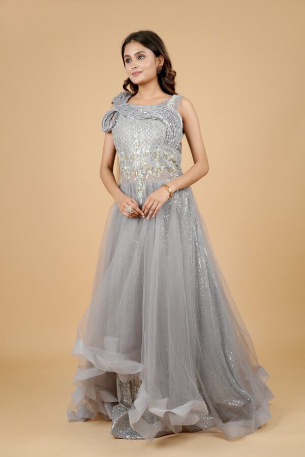 Grey Sequin Gown with One-Shoulder Detail - Image 2