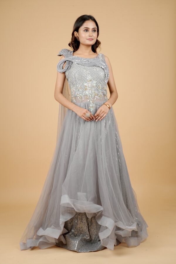 Grey Sequin Gown with One-Shoulder Detail - Image 3