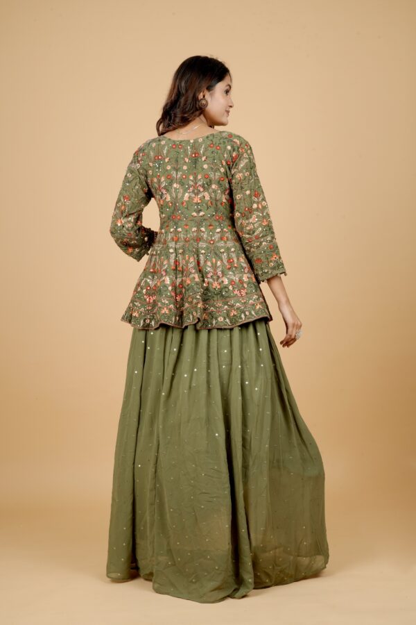 Olive Green Embroidered Kurti with Lehenga & Dupatta - Image 2