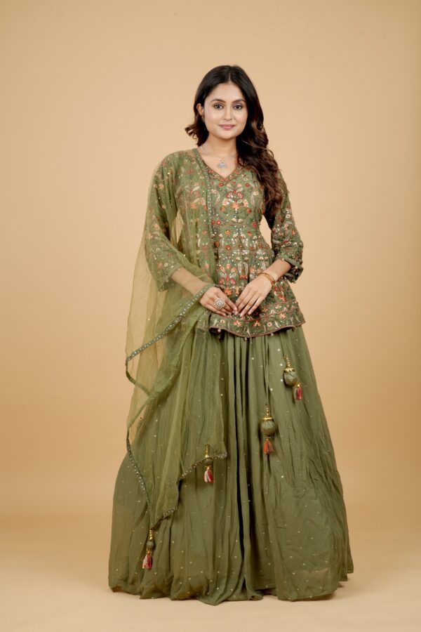 Olive Green Embroidered Kurti with Lehenga & Dupatta - Image 3
