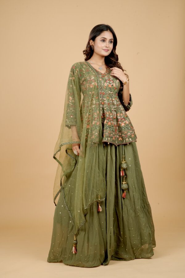 Olive Green Embroidered Kurti with Lehenga & Dupatta - Image 4