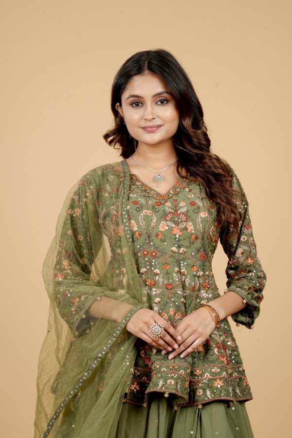 Olive Green Embroidered Kurti with Lehenga & Dupatta - Image 5