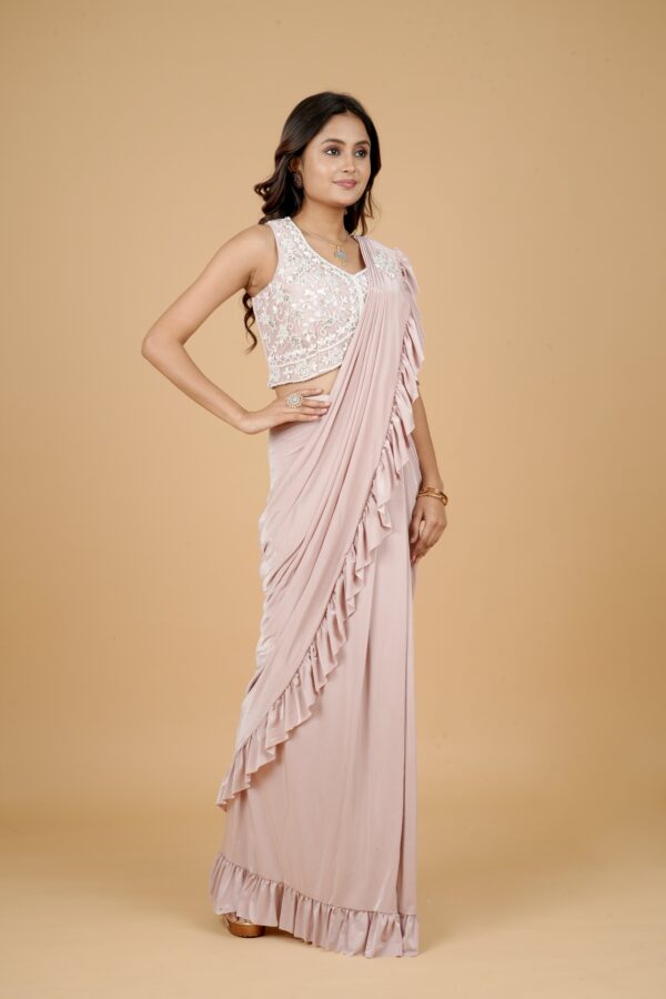 Peach Ruffle Saree with Embroidered Blouse - Image 3