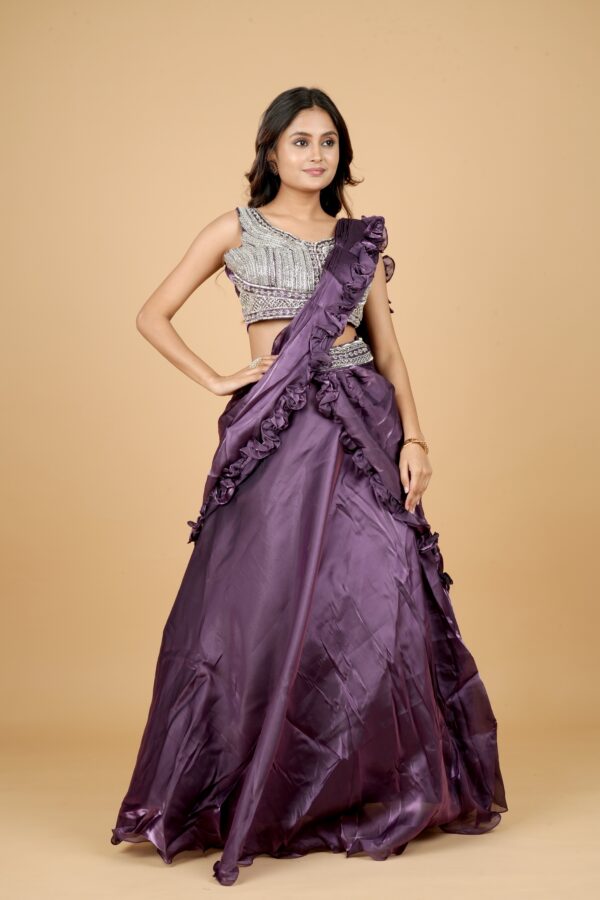 Purple Ruffle Saree with Sequin Blouse - Image 2