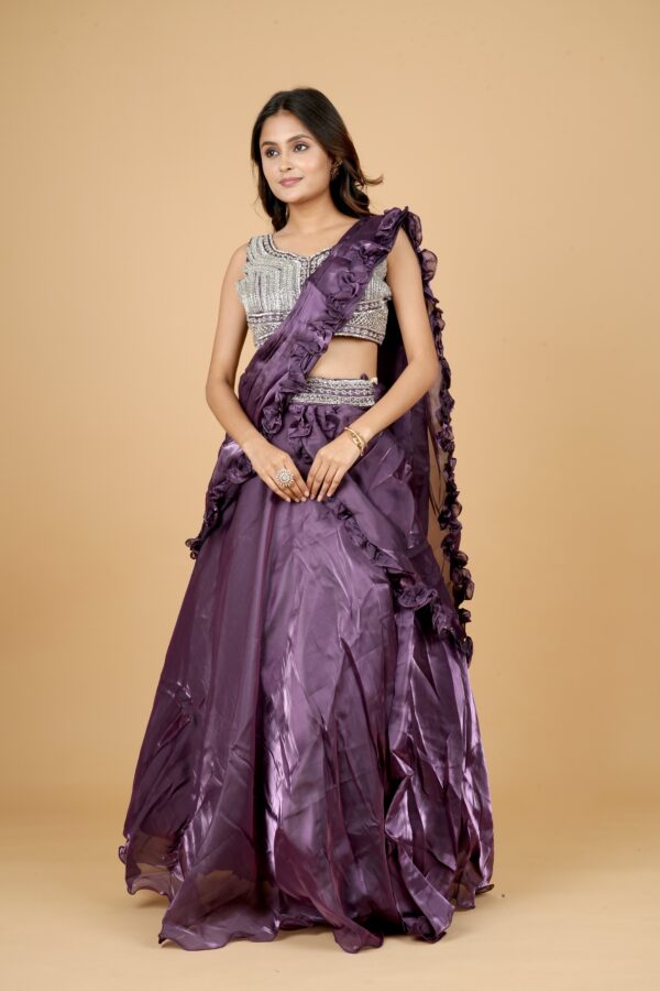Purple Ruffle Saree with Sequin Blouse - Image 3