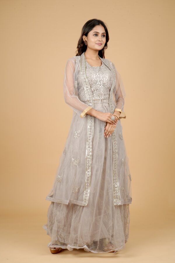 Grey Embroidered Gown with Mirror Work Shrug - Image 2