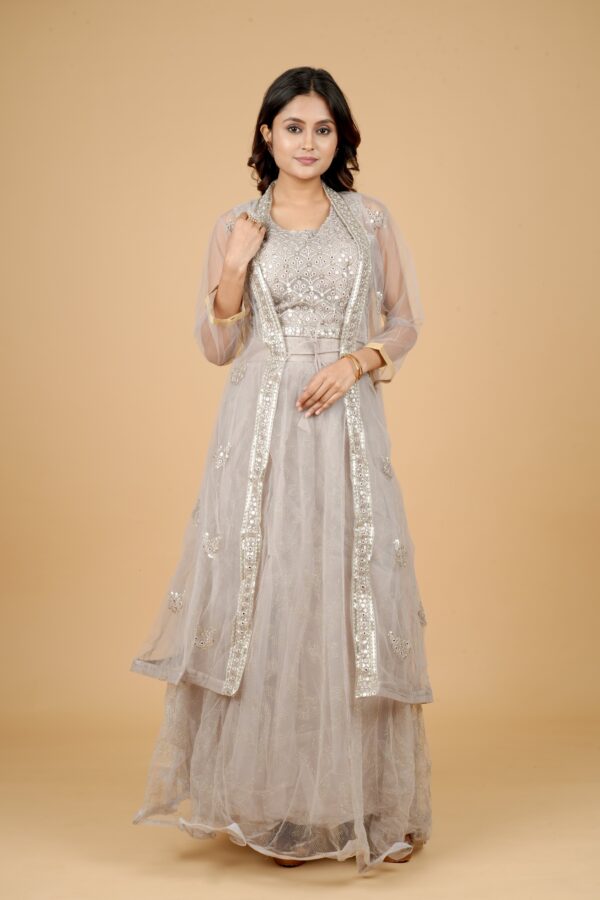 Grey Embroidered Gown with Mirror Work Shrug - Image 3