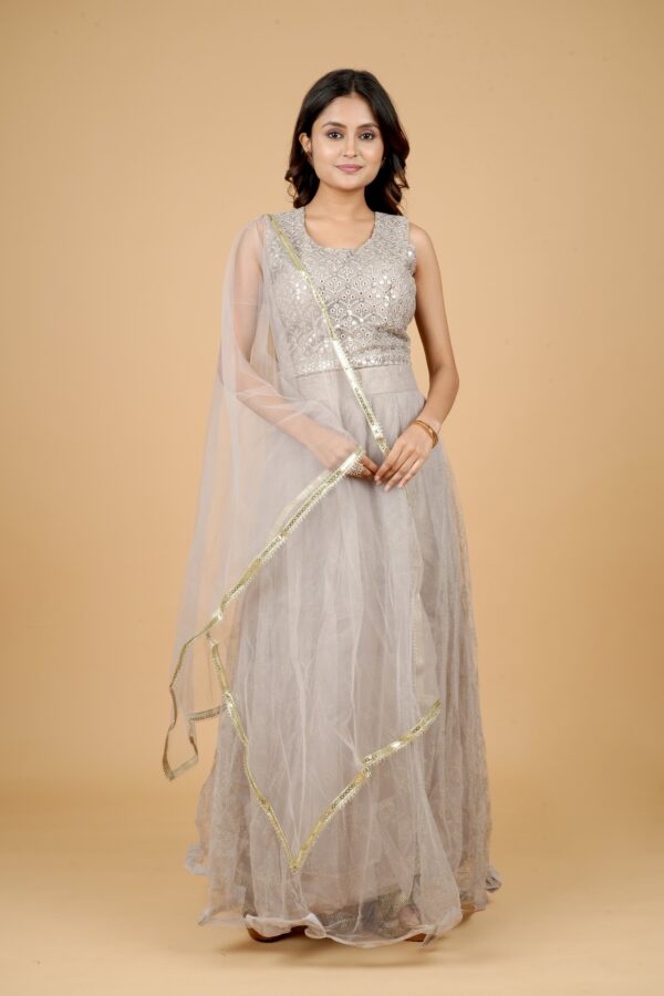 Grey Embroidered Gown with Mirror Work Shrug - Image 4