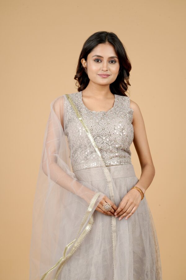 Grey Embroidered Gown with Mirror Work Shrug - Image 5