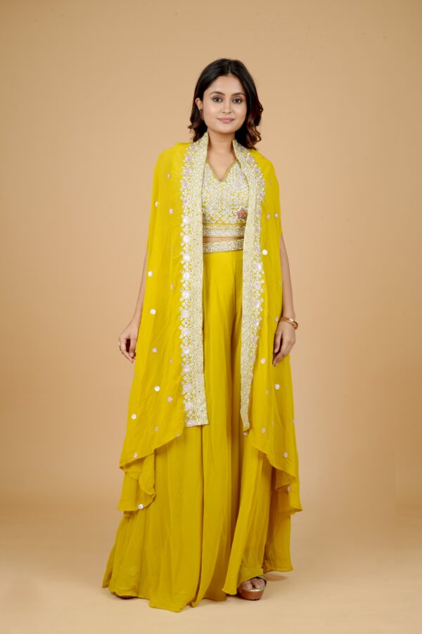 Yellow Embroidered Kurti Pant Set with Cape - Image 2