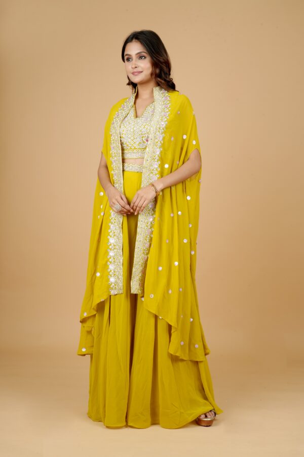 Yellow Embroidered Kurti Pant Set with Cape - Image 3