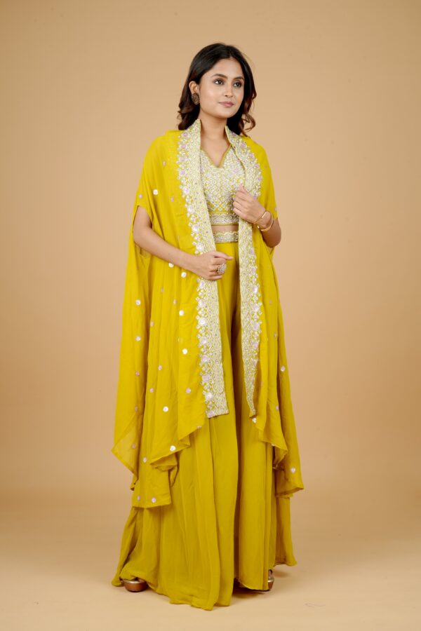 Yellow Embroidered Kurti Pant Set with Cape - Image 4