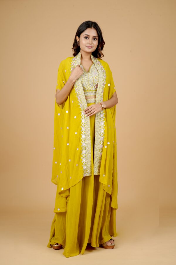 Yellow Embroidered Kurti Pant Set with Cape - Image 5