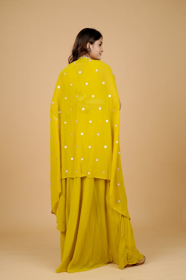 Yellow Embroidered Kurti Pant Set with Cape - Image 6