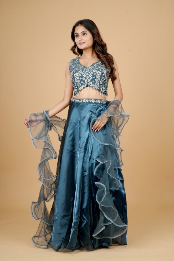 Teal Blue Ruffle Lehenga with Embroidered Blouse - Image 2