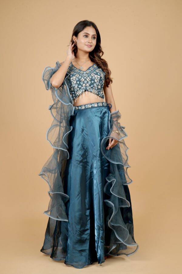Teal Blue Ruffle Lehenga with Embroidered Blouse - Image 3