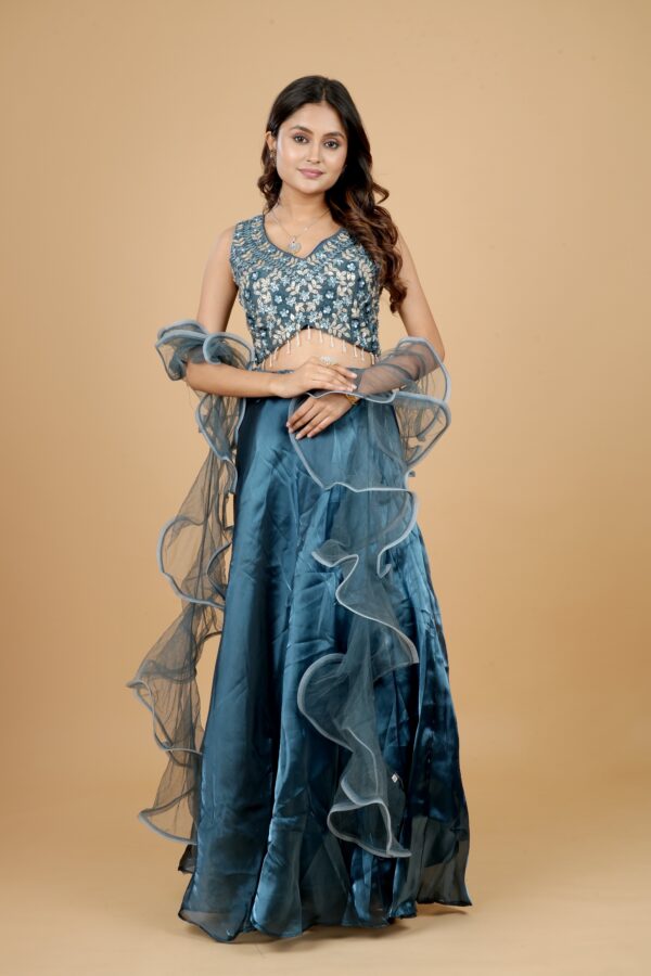 Teal Blue Ruffle Lehenga with Embroidered Blouse - Image 4
