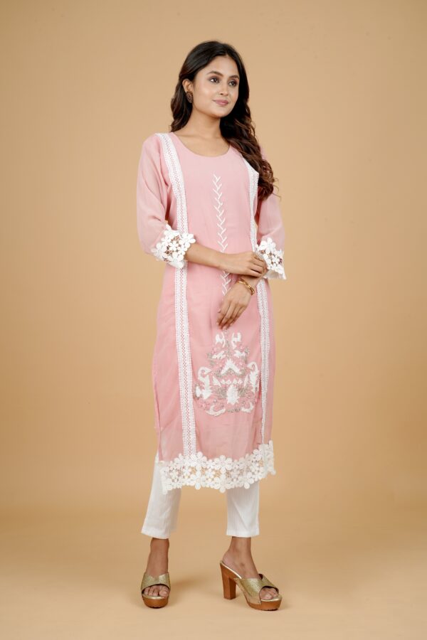 Peach Embroidered Kurti with Lace Detail & White Pants - Image 2
