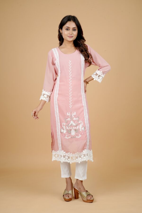 Peach Embroidered Kurti with Lace Detail & White Pants - Image 3