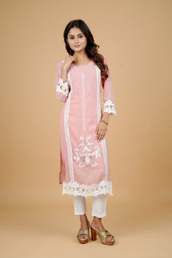 Peach Embroidered Kurti with Lace Detail & White Pants - Image 4