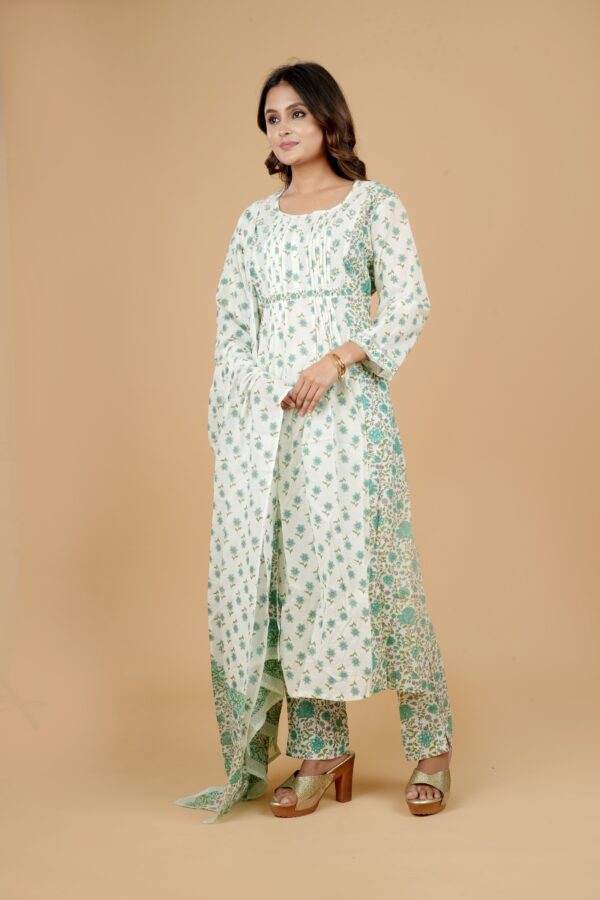 White Floral Print Kurti with Pants & Dupatta Set - Image 3