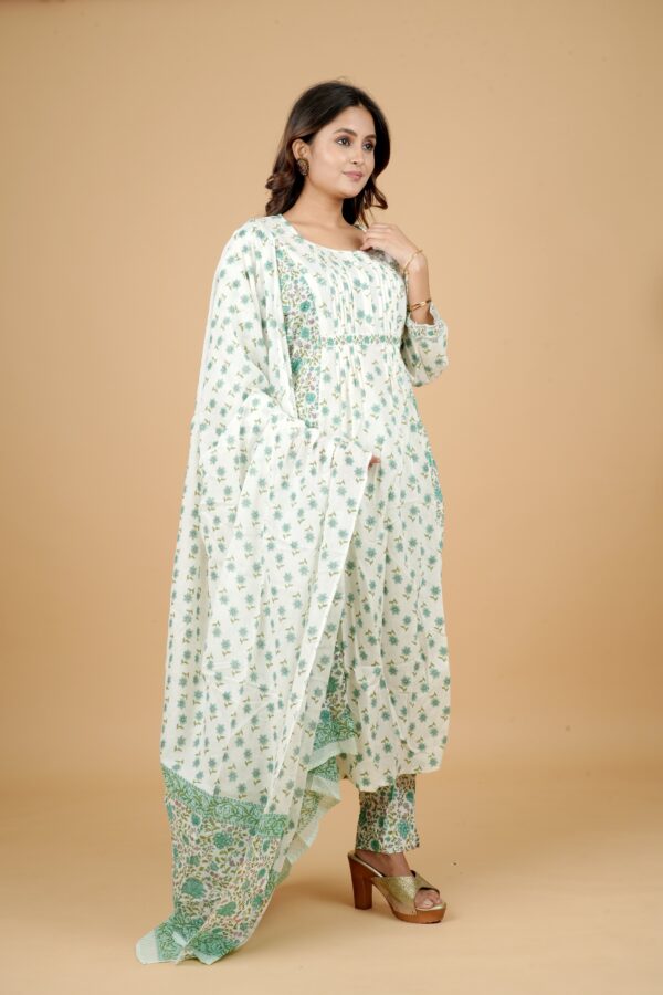 White Floral Print Kurti with Pants & Dupatta Set - Image 4