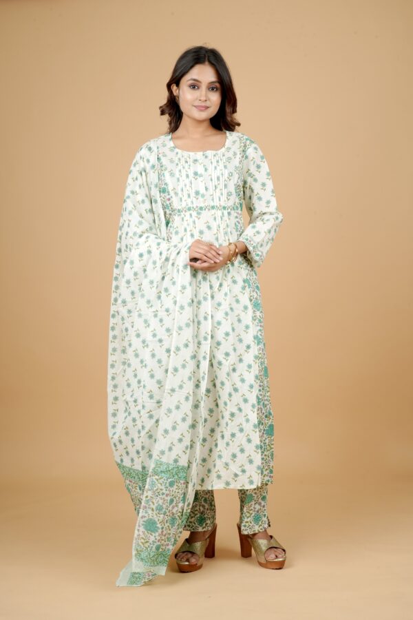 White Floral Print Kurti with Pants & Dupatta Set - Image 5