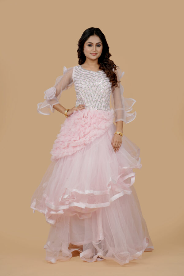 Pink Ruffle Gown with Sequin Embellished Bodice