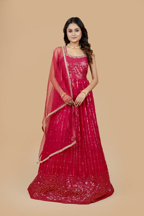 Red Sequin Anarkali Gown with Dupatta