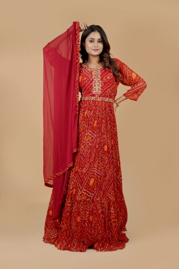 Red Printed Anarkali Gown with Dupatta