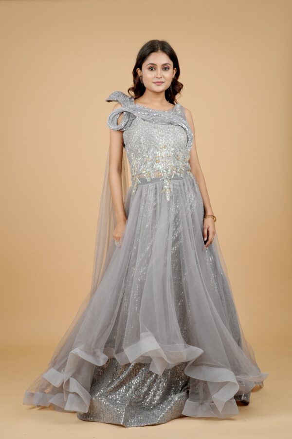 Grey Sequin Gown with One-Shoulder Detail