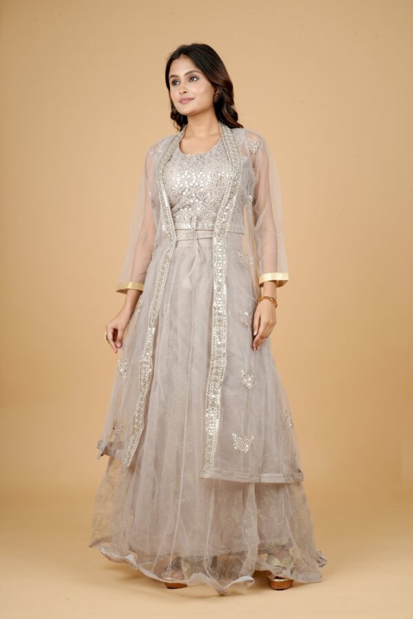 Grey Embroidered Gown with Mirror Work Shrug