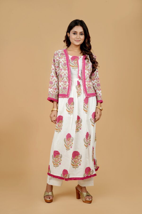 White Printed Kurta with Jacket & Pants