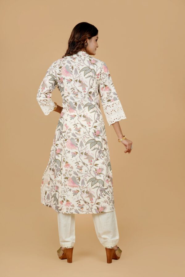 Ivory Floral Print Kurta with Lace Trim Pants - Image 6