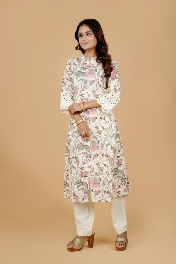 Ivory Floral Print Kurta with Lace Trim Pants
