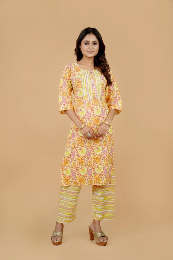Yellow Floral Print Kurti with Striped Palazzo Set