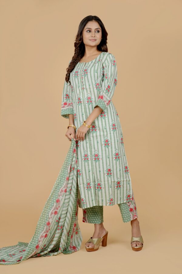 Green Floral Print Kurti Pant Set with Dupatta