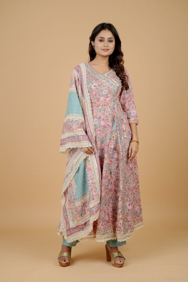 Peach Floral Anarkali Kurta with Dupatta & Pants Set