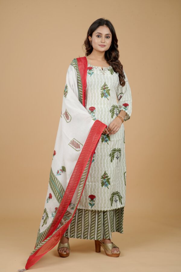 White Printed Kurta with Palazzo & Red Dupatta