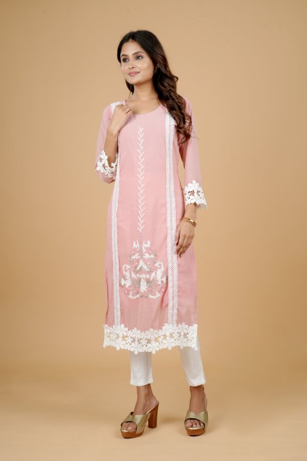 Peach Embroidered Kurti with Lace Detail & White Pants