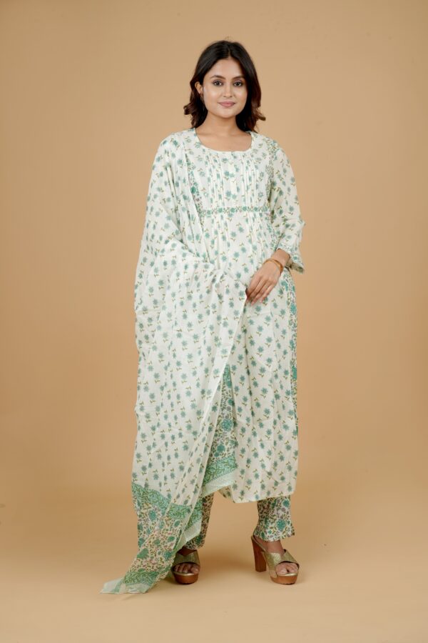 White Floral Print Kurti with Pants & Dupatta Set