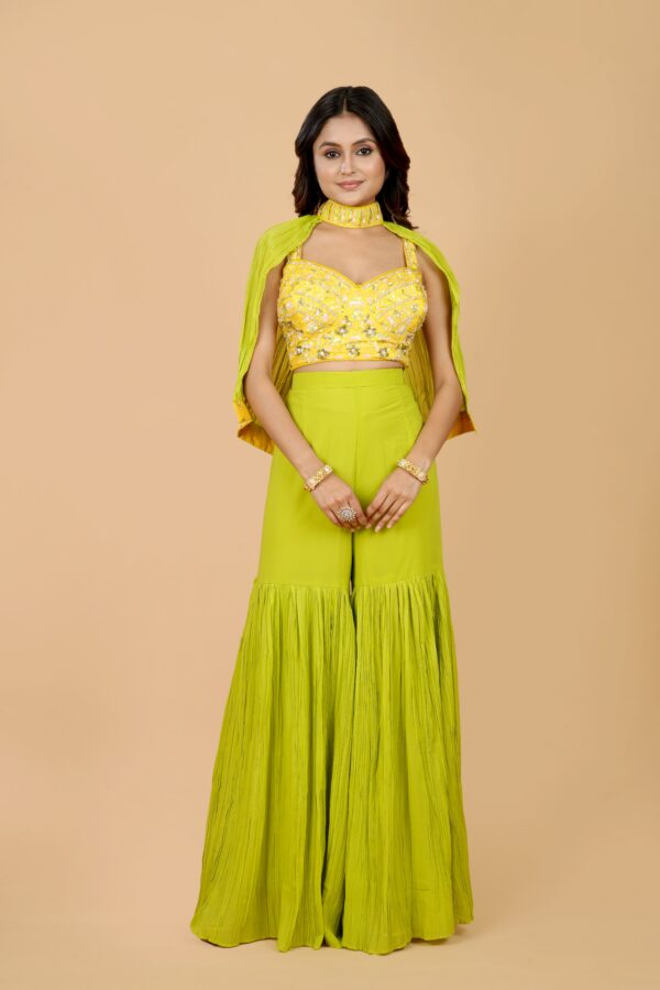 Yellow Embroidered Crop Top with Green Palazzo & Cape Set