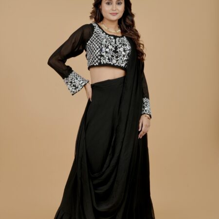 Black Embroidered Blouse with Drape Skirt