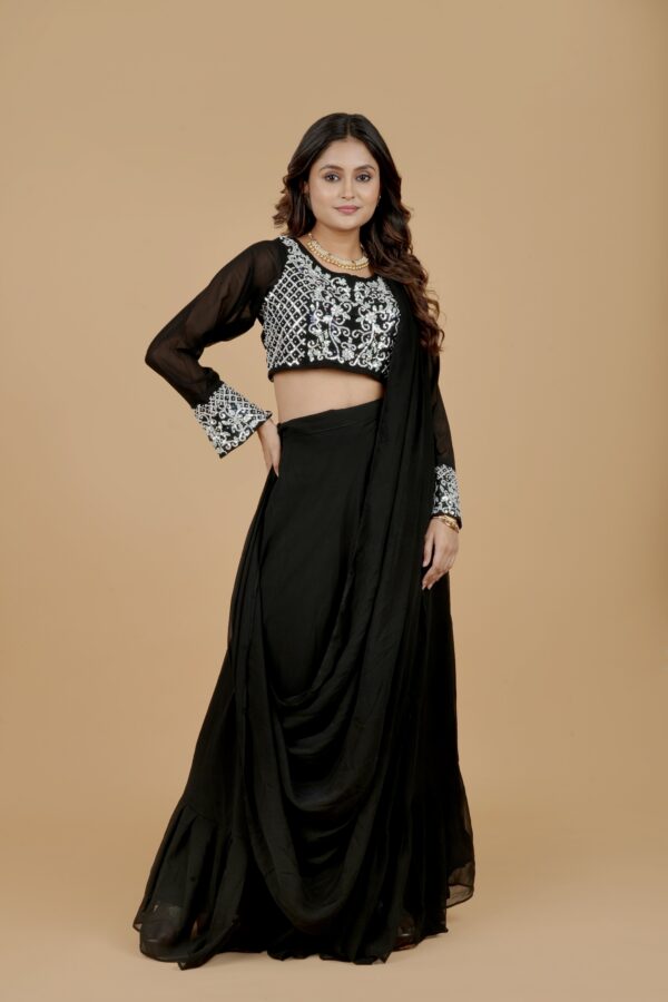 Black Embroidered Blouse with Drape Skirt
